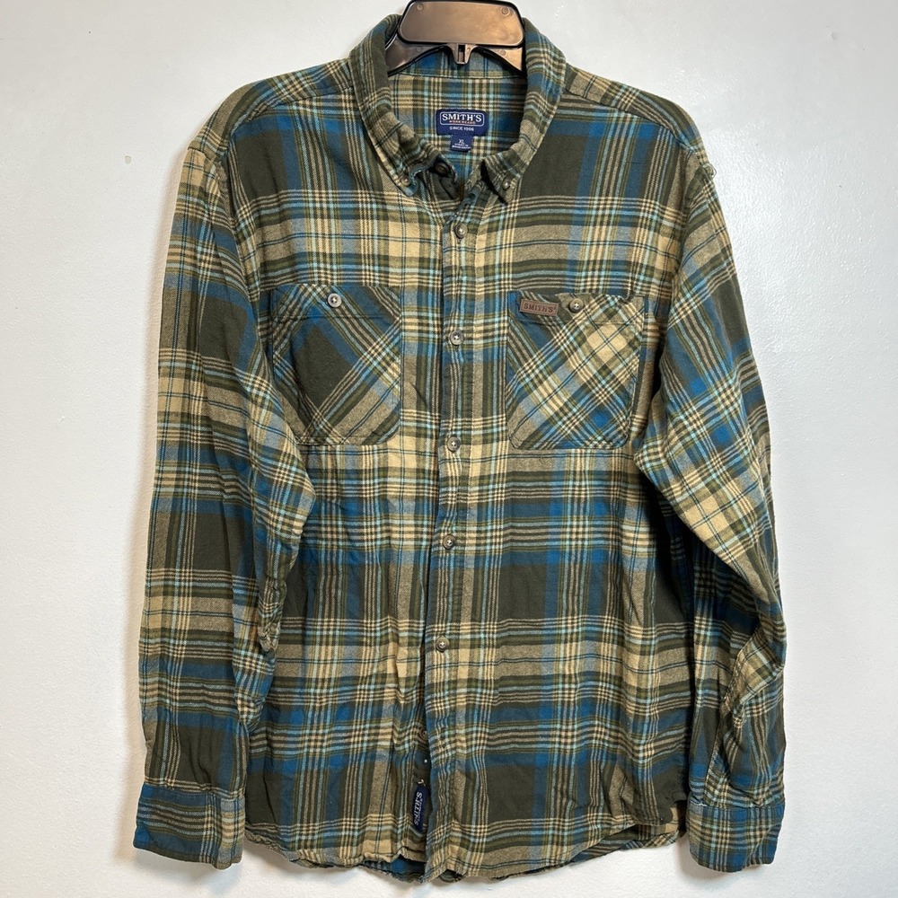 Smith's‎ Workwear Men XL Green Button-Up Long Sleeve Pockets Plaid Flannel 6337